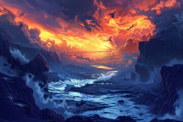 Fototapeta premium A fiery sunset casts an orange glow over a dramatic landscape of cliffs and swirling waves