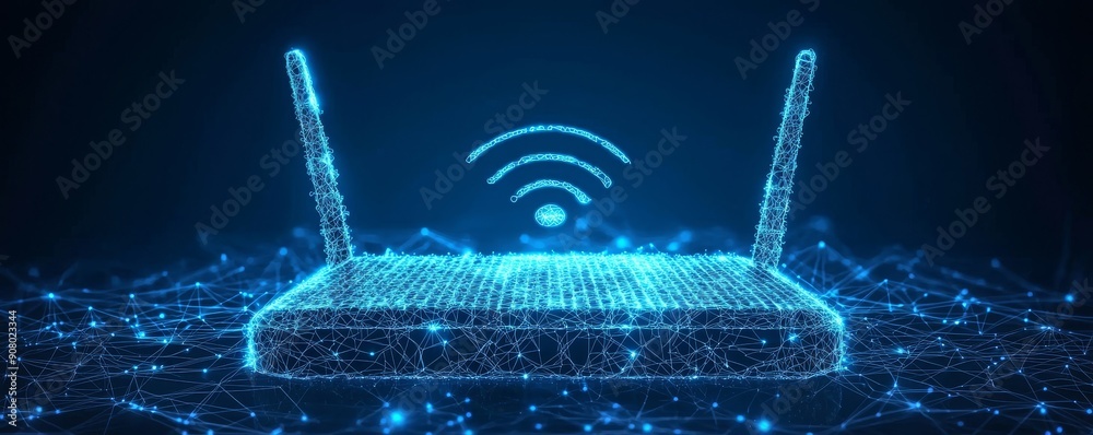 Sticker wireframe illustration of a wi-fi router with abstract network connections