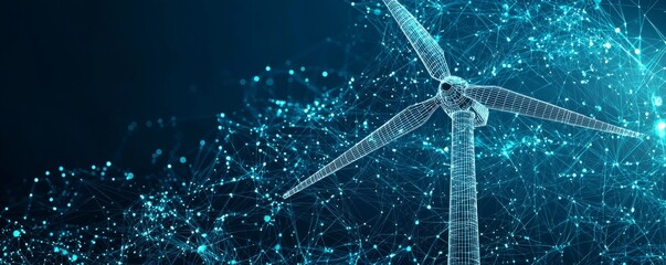 Wireframe illustration of a wind turbine with digital network background