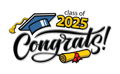 Congratulations graduates editable template for greeting, invitation card. Class of 2025 trendy design template with graduation cap, diploma scroll and lettering. Vector on transparent background
