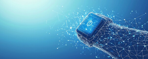 Futuristic wireframe wrist with smart technology watch in blue digital background