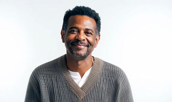 Medium shot portrait of a Nigerian man in his 40s in a white background wearing a chic cardigan