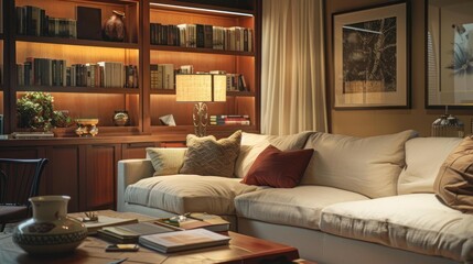 A cozy living room features a soft couch adorned with decorative pillows, a warm lamp illuminates a bookshelf filled with books, creating a welcoming atmosphere.