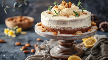 A close-up of a white frosted cake decorated with almonds, rosemary sprigs, and pecan halves, displayed on a wooden stand.