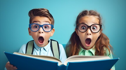 Surprised Kids Reacting to a Story While Reading Book on Blue Background