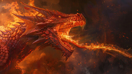 Naklejka premium Majestic fire dragon in a fiery landscape