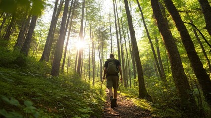 Fototapeta premium Serene Silhouette of Man Hiking in Dense Forest for Stress Relief with Copy Space, Realistic Backdrop of Forest Trail - Nature Walk Concept