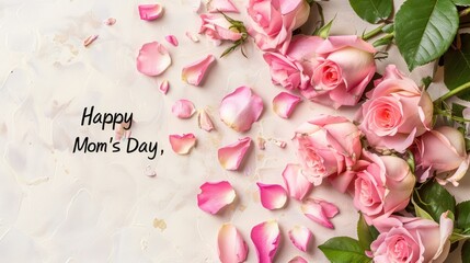Elegant pink roses and delicate petals on a light background with text "Happy Momâ€™s Day," celebrating Motherâ€™s Day.