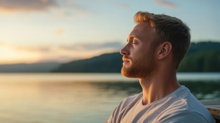 Serene Moment of Deep Breathing by the Lake - Stress Relief and Relaxation Concept with Man on Pier in Nature