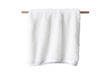 fluffy white bath towel hanging on a towel rack, Isolated on white background