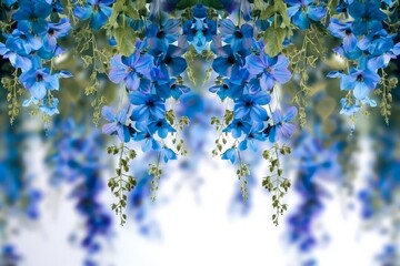 This stunning 4K photograph showcases the captivating beauty of blue flowers in a hanging planter, with sharp focus capturing every detail.