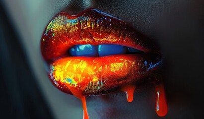 Close-up of Glossy Lips with Dripping Color