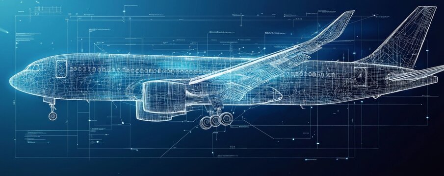 Digital wireframe illustration of modern aircraft engineering design