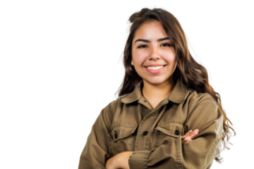 A woman with long brown hair is smiling and wearing a brown jacket