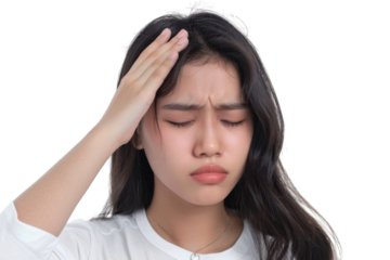 Asian woman feeling headache, eyes closed, hand on forehead, isolated on white background