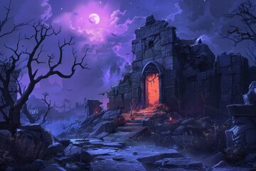 A glowing gateway in a ruined stone structure under a purple moonlit sky