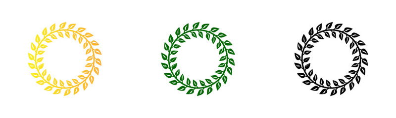 Round Laurel Wreath Winners Labels. Green, gold and black round wreath badge. Greek or Roman traditional round triumphal branches on white background.