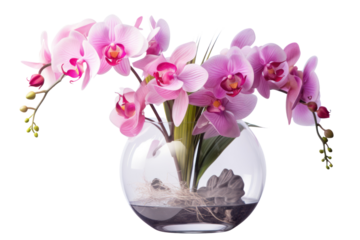 faux orchid plant with delicate blooms in shades of pink and purple, elegantly displayed in a glass globe vase, isolated on white background