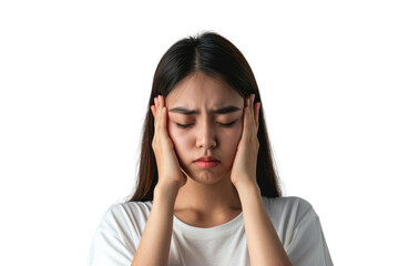 Fototapeta premium Asian woman suffering from headache, massaging her head, isolated on white background