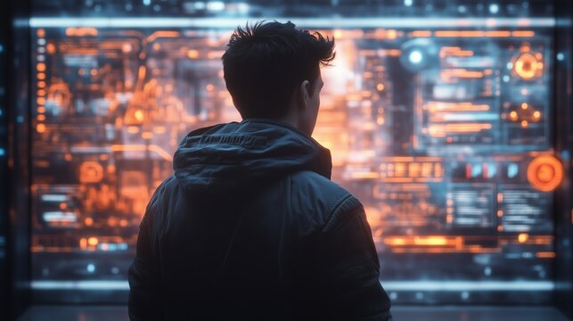 Man Gazing at Futuristic Interface