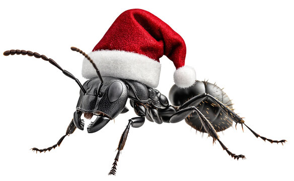 Quirky Holiday Ant Wearing a Santa Hat on Transparent Background, Festive Insect Concept