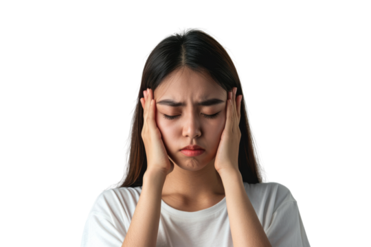 Asian woman suffering from headache, massaging her head, isolated on white background