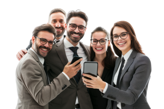 Businessman happily showing smart phone to colleagues, all smiling, isolated on white background