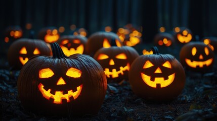 Fototapeta premium A group of pumpkins with their eyes open and mouths wide open, creating a spooky