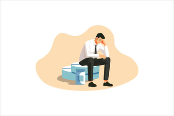 Depressed man sitting on Big Pill, leaning on his hands, having financial troubles during quarantine or suffering from loneliness, vector, illustration
