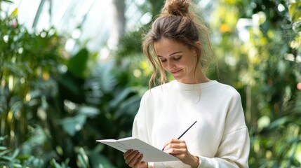 Ethereal Creativity: Woman Sketching in Botanical Garden with Mindful Focus and Overlay of Nature - Serene Artistic Inspiration
