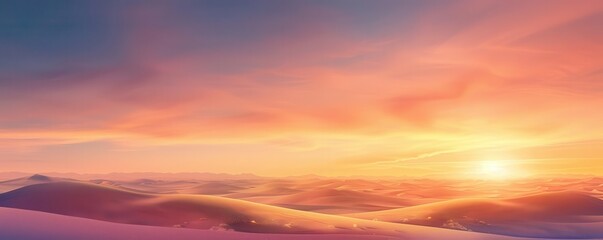 Fototapeta premium A breathtaking sunrise over a desert landscape with sand dunes and sparse vegetation, capturing the vastness and quiet beauty, Realism, Warm tones, Soft light