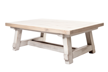 farmhouse coffee table with a chunky wooden top and whitewashed finish, isolated on a white background
