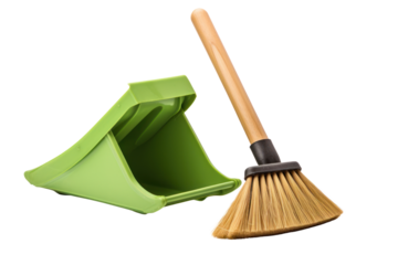 dustpan and broom set with a unique design feature, such as a built-in dustbin or an angled broom head, isolated on a white background