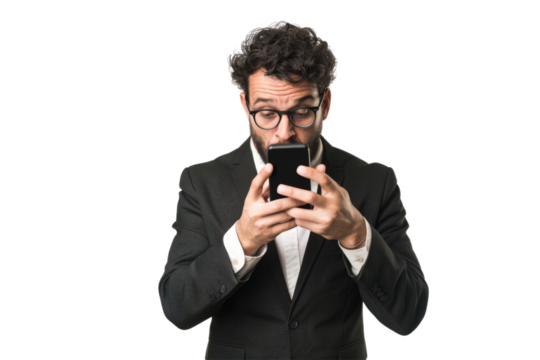 Concerned businessman checking email on smartphone Isolated on white background