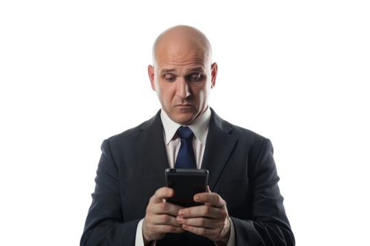 Concerned businessman checking email on smartphone Isolated on white background
