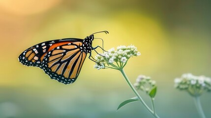 Fototapeta premium A close-up of a vibrant monarch butterfly on a wildflower, with a blurred green background, showcasing delicate beauty, Macro, Bright colors, High detail