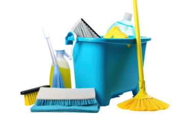 dustpan and broom set paired with other cleaning supplies, such as a mop and bucket, isolated on a white background
