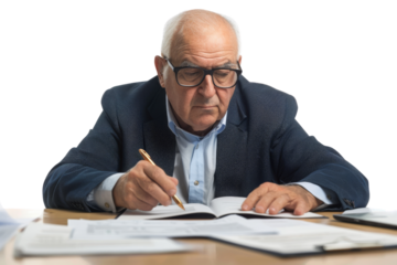 Elderly business owner reviewing documents with glasses Isolated on white background