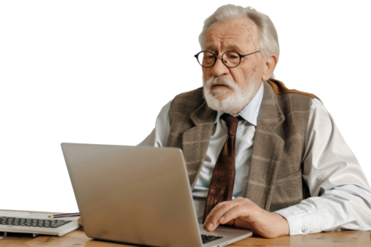 Elderly entrepreneur working on a laptop at a desk Isolated on white background