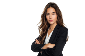 Elegant businesswoman with arms crossed posing confidently, isolated on white background