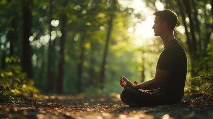 Finding Peace: Man Meditating on Forest Path for Stress Relief - Close-up Silhouette with Realistic Details and Tranquil Nature Background