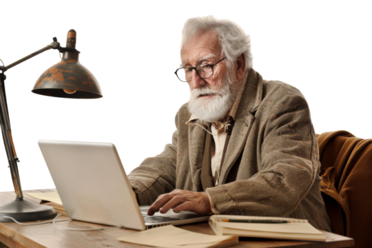 Elderly entrepreneur working on a laptop at a desk Isolated on white background - Powered by Adobe