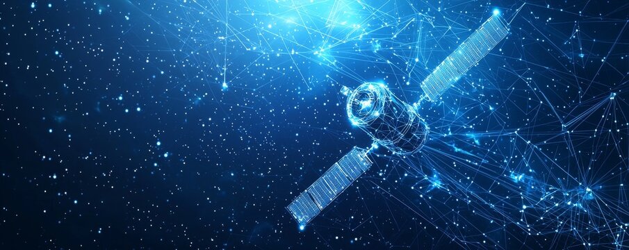 Wireframe illustration of communication satellite in deep space with network connections and stars