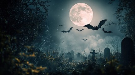 A graveyard with a full moon and bats flying in the sky