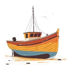 Colorful wooden fishing boat stranded shore low tide isolated white background. Old vintage wooden boat blue orange yellow weathered surface docked beachside pier. Rustic traditional fishing vessel