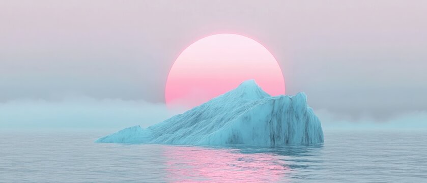 Ultrawide 3D Render Of Pink Sunset Over Big Iceberg In Ocen Water Surface In Pastel Color