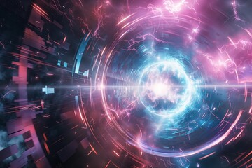 Obraz premium Depiction of a high-energy particle collision, creating an abstract display of vibrant colors and dynamic motion in space.