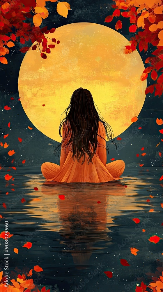 Sticker Serene Figure by Water Under Full Moonlight