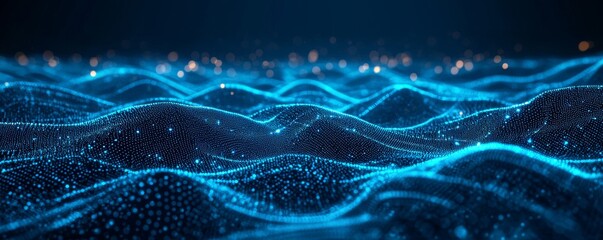 Wireframe data packets traveling in a dynamic, futuristic blue digital landscape