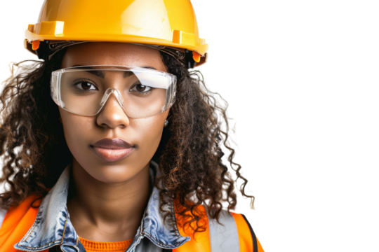 Ethnic worker woman in protective gear and helmet making eye contact with camera isolated on white background